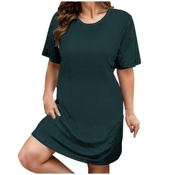Zpanxa Womens Summer Dresses Plus Size Casual Short Sleeve Round Neck T Shirt Dresses Solid Color Loose Tuinc Tops Basic Dress Vacation Beach Dresses