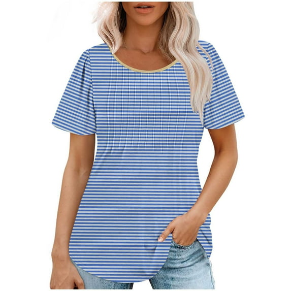 Zpanxa Womens Summer Tops, Casual Short Sleeve Loose Round Neck Print Top Blue M