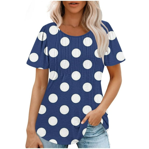 Zpanxa Womens Summer Tops, Casual Short Sleeve Loose Round Neck Print Top Navy S
