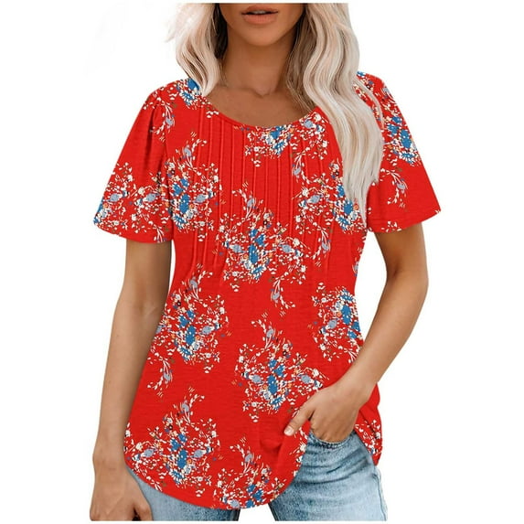 Zpanxa Womens Summer Tops, Casual Short Sleeve Loose Round Neck Print Top Red L