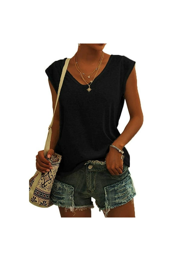 Womens Summer Tops Casual Loose Soft Cap Sleeve Solid Color T-Shirt Blouse Tops Womens Workout Tops Shirts Black XXL