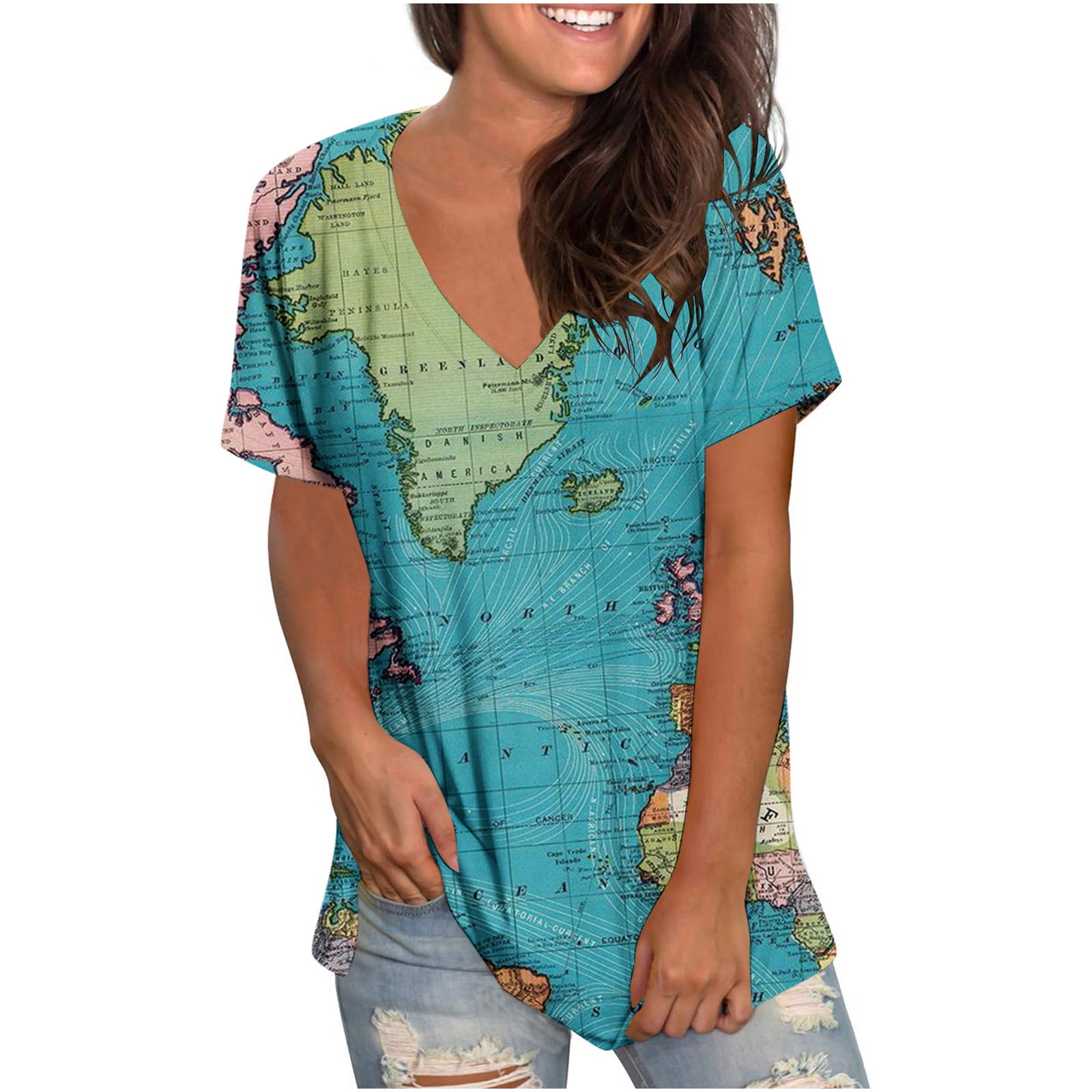 Zpanxa Womens Summer Tops Clearance V-Neck Short Sleeve Print Casual  T-Shirt Blouse Dressy Workout Tee Shirts Khaki XXL 