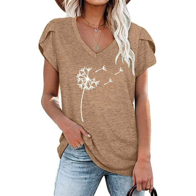 Zpanxa Womens Summer Tops Clearance V-Neck Short Sleeve Print Casual  T-Shirt Blouse Dressy Workout Tee Shirts Khaki XXL 