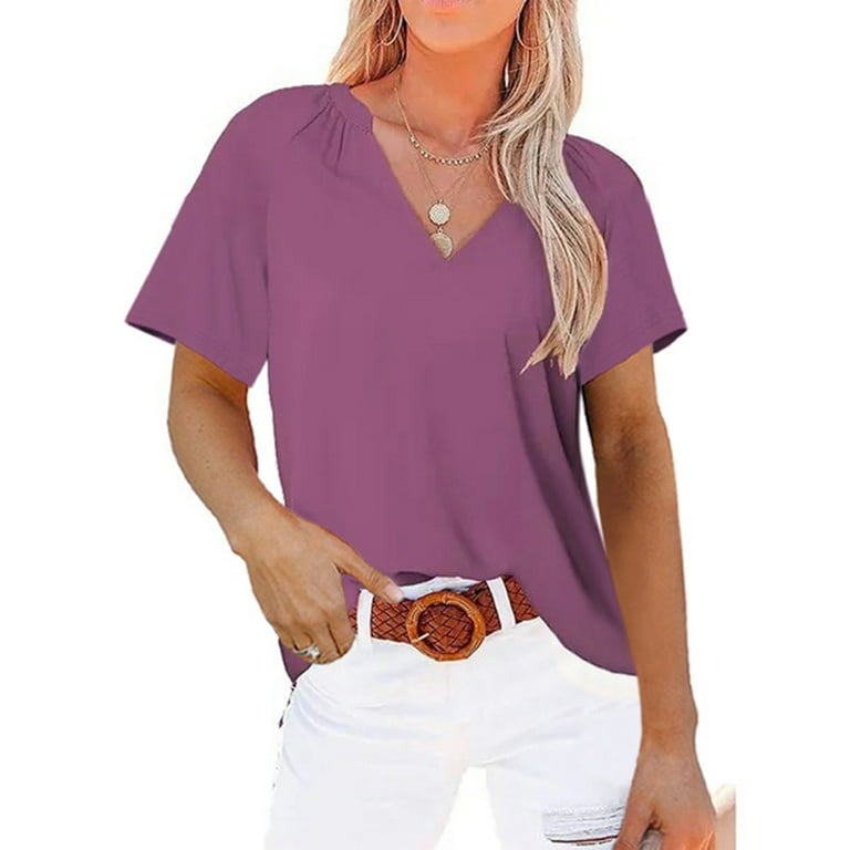 Zpanxa Womens Summer Tops Clearance Women Casual Solid Pullover V-Neck  Short Sleeve T-Shirt Tops Blouse Dressy Workout Tee Shirts Purple XXL 