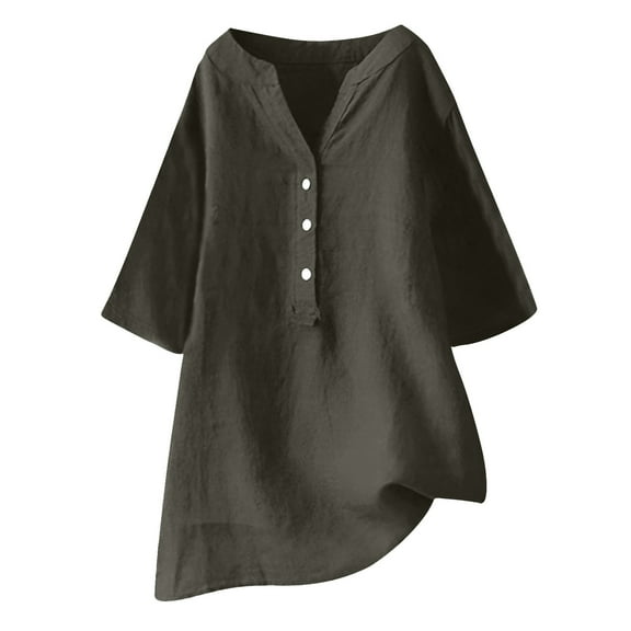 Zpanxa Womens Summer Tops Plus Size Button Linen Shirts Loose Casual Short Sleeve V-Neck T-Shirt