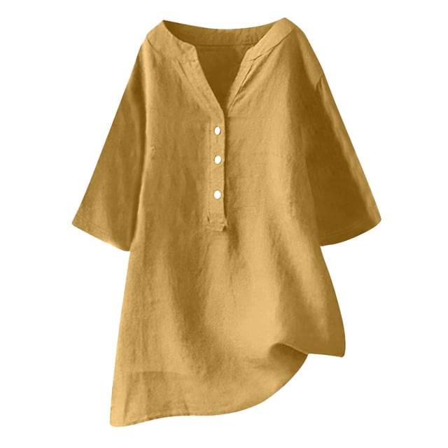 Zpanxa Womens Summer Tops Plus Size Button Linen Shirts Loose Casual Short Sleeve V-Neck T-Shirt