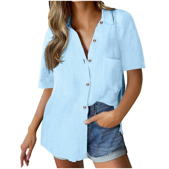 Zpanxa Womens Summer Tops, Women's Solid Color Linen Shirt Cotton Button Up Shirt Short Sleeve Loose Collared Casual Sky Blue S