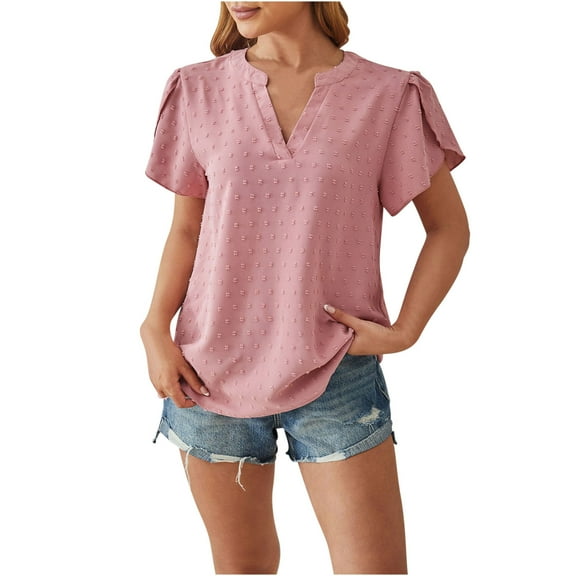 Zpanxa Womens Summer Tops Summer Solid Lace V-neck Short Sleeve Solid T-shirt Top