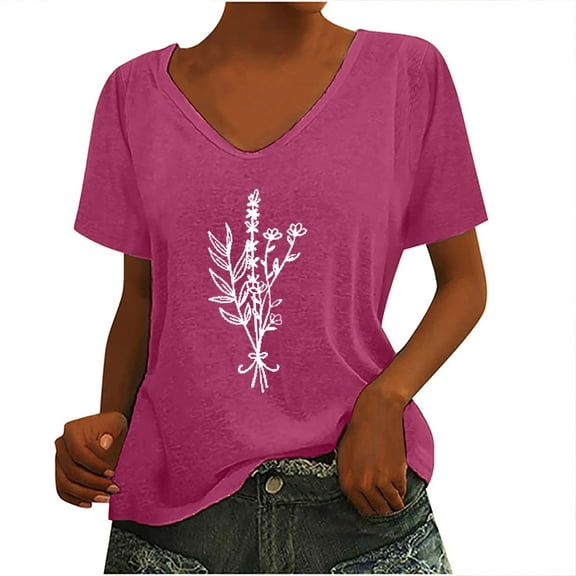 Zpanxa Womens Summer Tops Trendy Casual Print V-Neck Short Sleeve T Shirt Pullover Tops Lightweight Cute Blouse Pullover Hot Pink S