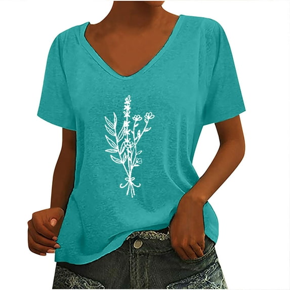 Zpanxa Womens Summer Tops Trendy Casual Print V-Neck Short Sleeve T Shirt Pullover Tops Lightweight Cute Blouse Pullover Sky Blue L