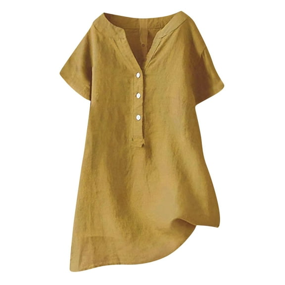 Zpanxa Womens Summer Tops V-Neck Long Sleeve Loose Button Cotton Linen Tunic Shirts Summer Shirts Blouse