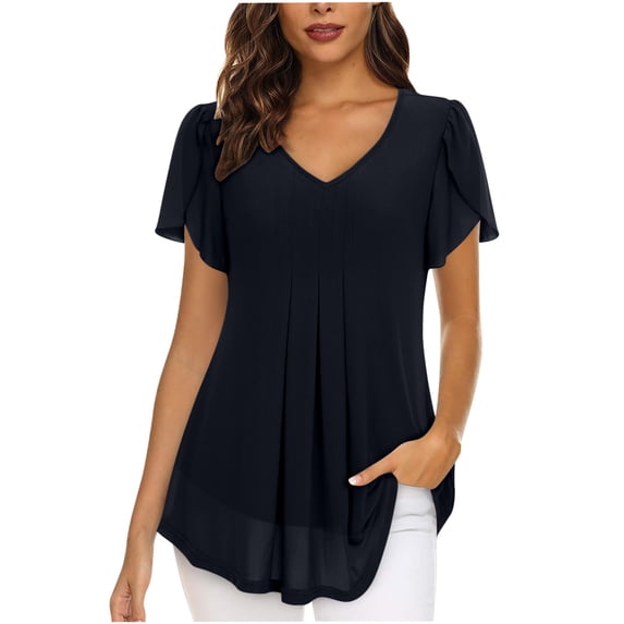 Zpanxa Womens Summer Tops, Women's Fashion Chiffon Solid Color Casual V-Neck Short Sleeve T-shirt Tops Black L