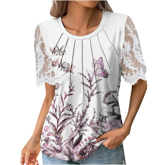 Zpanxa Womens Summer Tops, Women's Fashion Printed T-shirt Lace Short Sleeves Blouse Round Neck Casual Tops Purple C L
