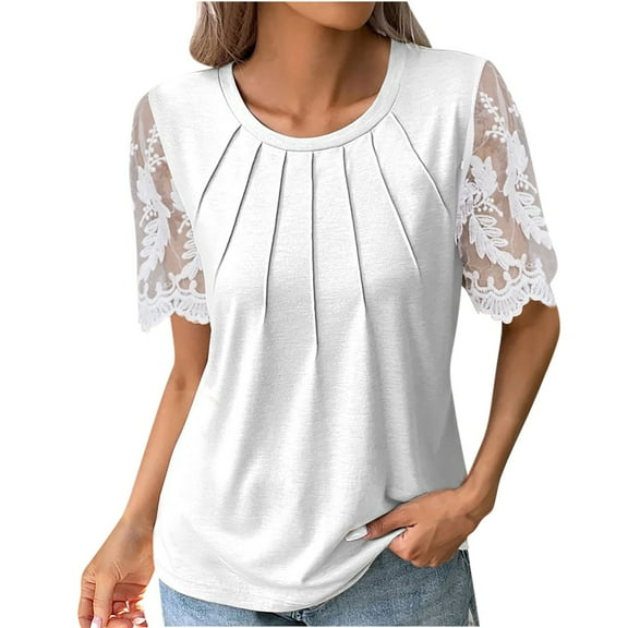 Zpanxa Womens Summer Tops, Casual Short Sleeve Shirts Dressy Blouses, Trendy Pleated Tunic Tops, Round Neck Lace Short Sleeve Casual T-Shirts White A S