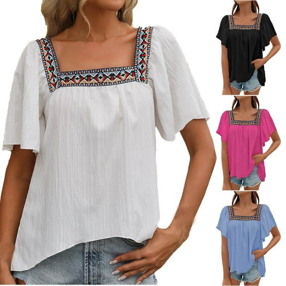 Zpanxa Womens Summer Tops, Women's Floral Embroidered Blouse Short Sleeve Round Neck Top Lace Trim Peplum Shirt Casual Summer Tunic