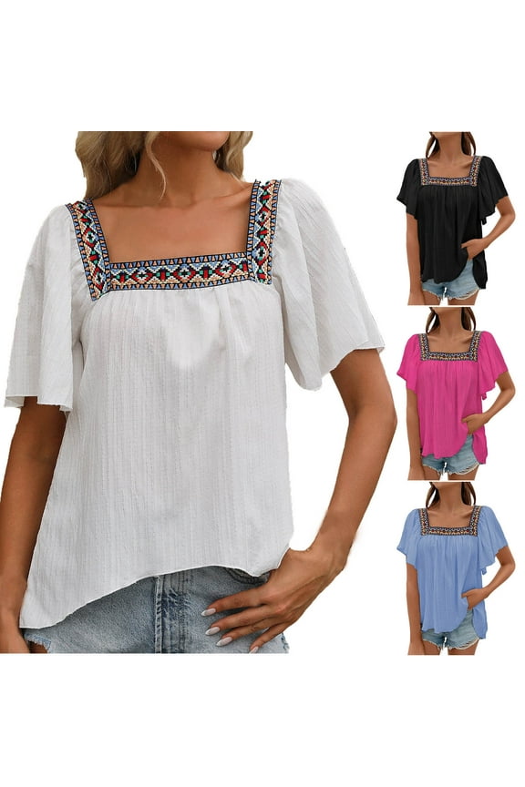 Womens Summer Tops, Women's Floral Embroidered Blouse Short Sleeve Round Neck Top Lace Trim Peplum Shirt Casual Summer Tunic