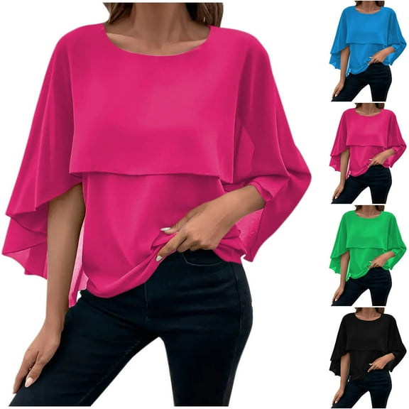 Zpanxa Womens Summer Tops, Women's Flowy Cape Sleeve Round Neck Chiffon Blouse Solid Color Spring Summer Layered Fashion Tunic Casual Top