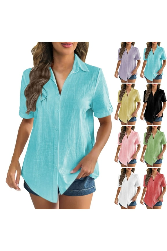 Womens Summer Tops, Women's Linen Blend Cardigan Shirt Short Sleeve Collared Casual Top Solid Color Lightweight Summer Cover Up Open Front Blouse