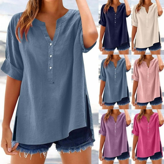 Zpanxa Womens Summer Tops, Women's Linen Blend Short Sleeve Blouse V-Neck Button Down Casual Loose Fit Solid Color Summer Top with Side Slit Hem