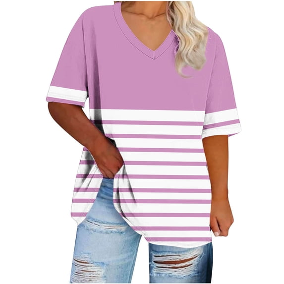 Zpanxa Womens Summer Tops, Women's Oversize V-neck Short Sleeve Solid Base Shirt Sports T-shirt Pink XXXL