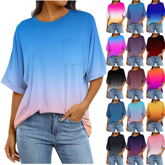 Zpanxa Womens Summer Tops, Women's Pocket Blouse Short Sleeve Round Neck Casual Loose Fit Solid Color Summer Top Fashion Ladies Shirt