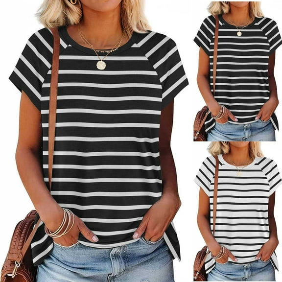 Zpanxa Womens Summer Tops, Women's Raglan Sleeve Striped Round Neck T-Shirt Casual Short Sleeve Top Comfortable Breathable Summer Tee