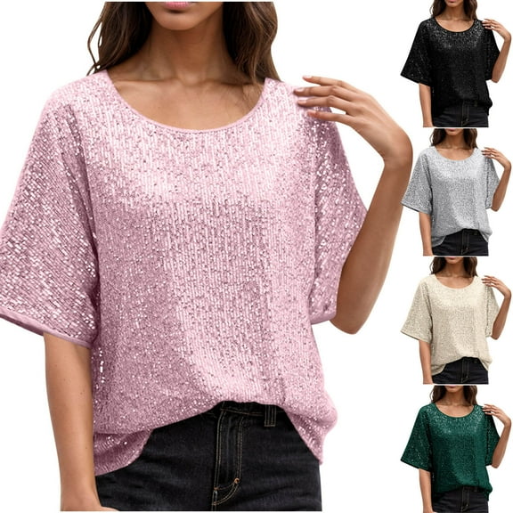 Zpanxa Womens Summer Tops, Women's Sequin Party Top Short Sleeve Round Neck Glitter Clubwear Shiny Blouse Ruffled Hem Night Out Shirt