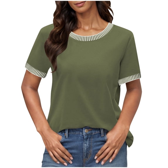 Zpanxa Womens Summer Tops, Women's Solid Color Round Neck Top T-shirt Short Sleeve Contrasting Thread Army Green S