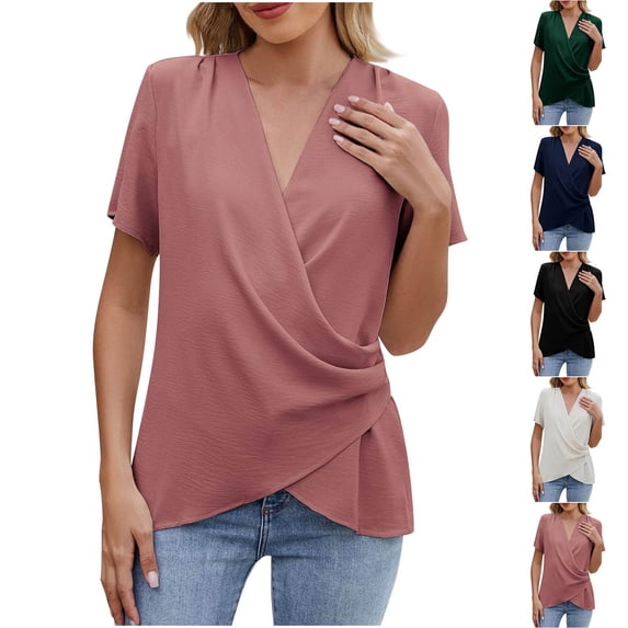 Zpanxa Womens Summer Tops, Women's Solid Color V-Neck T-Shirt Short Sleeve Casual Loose Fit Fashion Top Stretchy Comfort Summer Basic Tee Trendy New