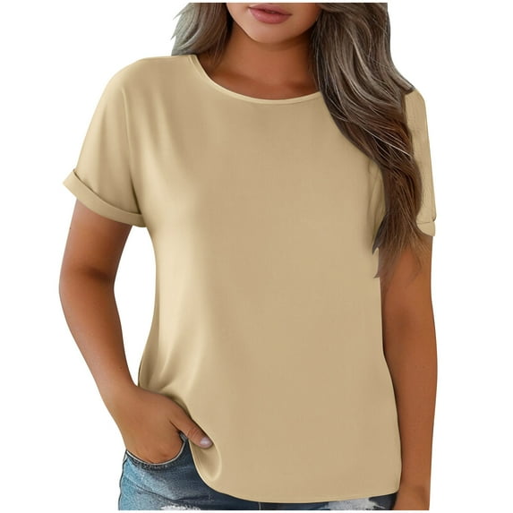 Zpanxa Womens Summer Tops, Women's Spring/Summer Round Neck Solid Color Light Sensing Face Short Sleeve Loose T-shirt Khaki XXXL