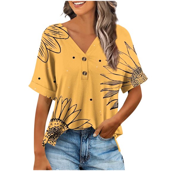 Zpanxa Womens Summer Tops, Women's Stretchy V-Neck T-Shirt Casual Short Sleeve Button Up Loose Fit Elastic Comfortable Summer Top Non Positioning Print