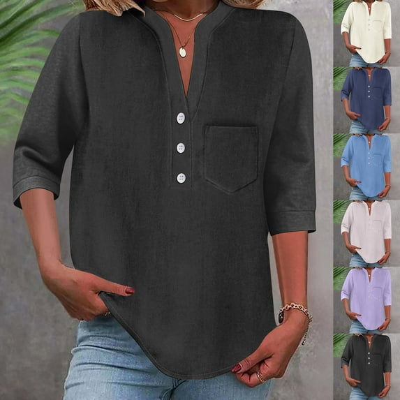 Zpanxa Womens Summer Tops, Women's V-Neck Button Down Shirt Short Sleeve Blouse with Pockets Casual Loose Fit Solid Color Summer Top