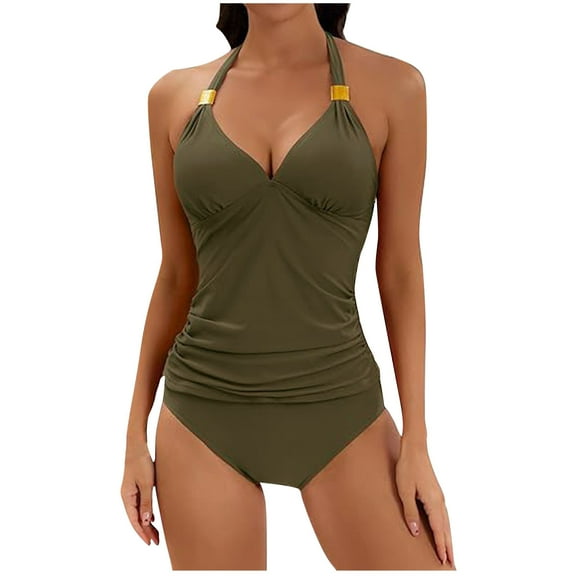 Zpanxa Womens Swimsuits Solid Color One Piece Bathing Suits Push-Up Padded Swimwear Beachwear Army Green S