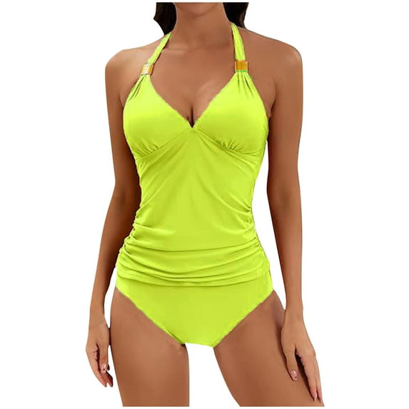 Zpanxa Womens Swimsuits Solid Color One Piece Bathing Suits Push-Up Padded Swimwear Beachwear Yellow XXL