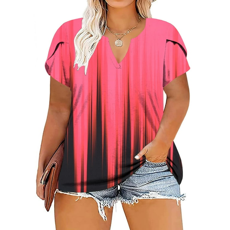 Zpanxa Womens T Shirts Plus Size Casual Short Sleeve Printed V-Neck Tops  Loose Trendy Tops Blouse Hot Pink XXL 