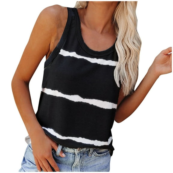 Zpanxa Womens Tank Tops Sling Shirts O Neck Striped Print Summer Casual Sleeveless Tank Black M