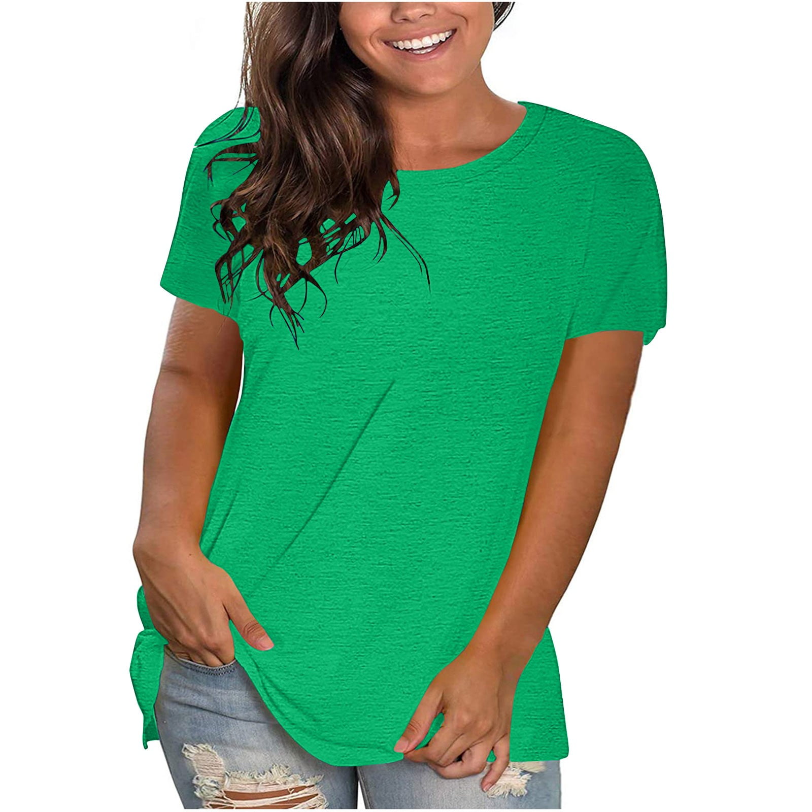 Zpanxa Summer Tops for Women Fashion Plus-Size Solid O-Neck Loose Short  Sleeve T-shirt Pullover Tops Workout Shirts for Women Green 4XL 