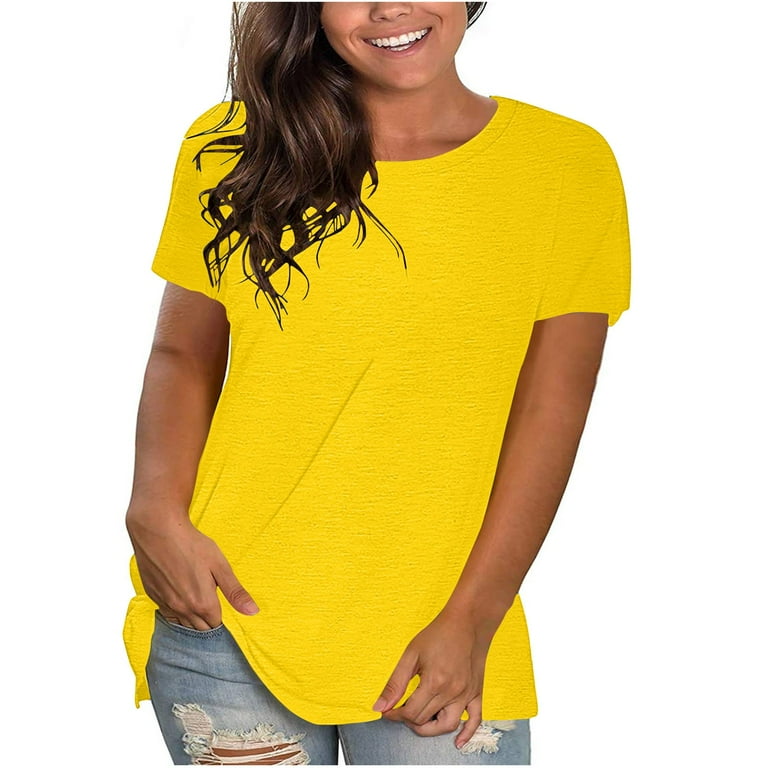 Zpanxa Womens Tops Short Sleeve Summer T-Shirts Curved Hem Casual Fashion  Shirts Yellow M