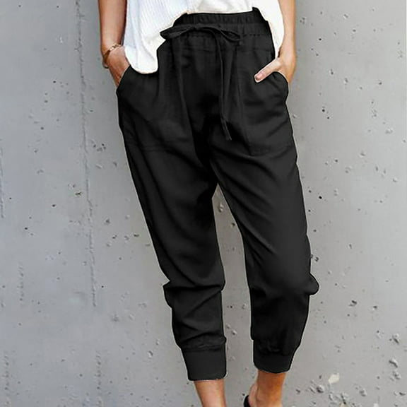 Zpanxa Womens Wide Leg Pants Casual Solid Cotton Linen Pants, Drawstring Elastic Waist Calf-Length Pencil Pants, Work Pants for Women, Sports Athletic Lounge Pants with Pockets Black L