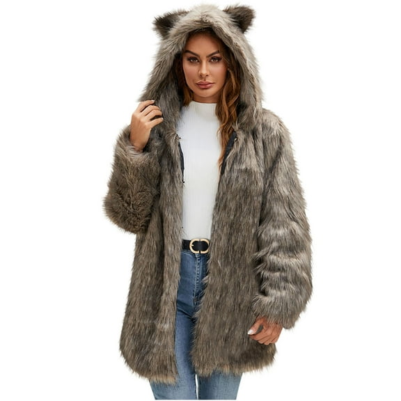 Zpanxa Womens Winter Coats Fleece Jacket Lightweight Sherpa Jacket Faux Fur Furry Long Coat Solid Hooded Outerwear Long Sleeve Zipper Snow Coat Brown L