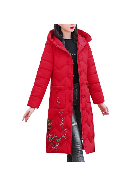 Womens Winter Coats Hooded Long Padded Coat Floral Embroidery Frog Buttons M