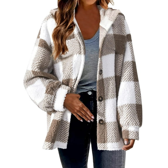 Zpanxa Womens Winter Coats Plaid Shacket Jacket Plus Size Buuton V-Neck Long Sleeve Hooded Blouse Sweatshirt Lightweight Fashion Cardigan Khaki A 4XL
