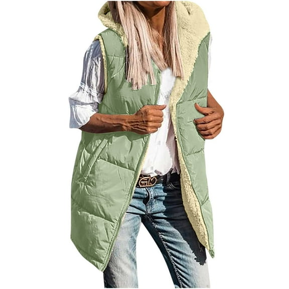 Zpanxa Womens Winter Coats Puffer Vest Jacket Casual Loose Fashion Solid Color Pocket Zippered Plush Waistcoat Tops Reversible Long Cotton Padded Coat Outerwear Green L