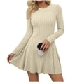 thumbnail image 1 of Zpanxa Womens Winter Dresses, Crew Neck Long Sleeve Ribbed Knit A Line Mini with Pleated Waist, 1 of 9