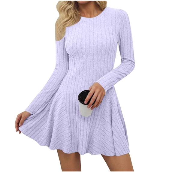 Zpanxa Womens Winter Dresses, Crew Neck Long Sleeve Ribbed Knit A Line Mini with Pleated Waist