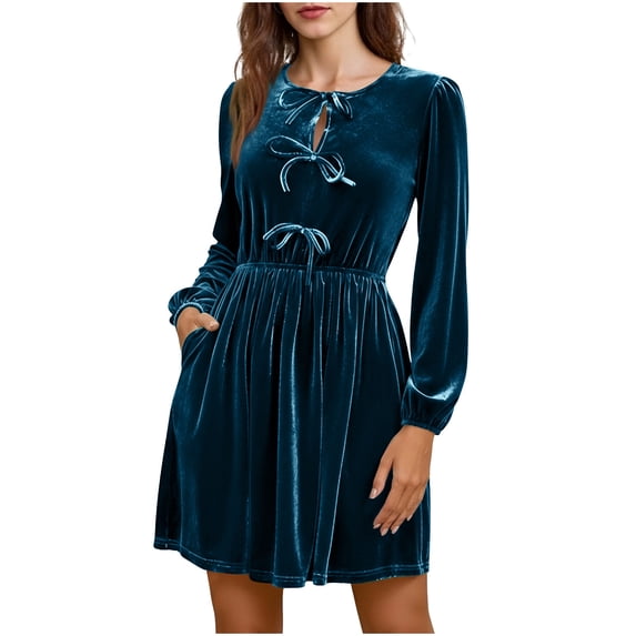 Zpanxa Womens Winter Dresses, Crew Neck Long Sleeve Mini with Drawstring Tie and Pockets for Casual Daily Wear