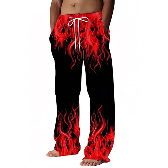 Zpanxa Work Pants for Men Flame Printed Drawstring Elastic Waist Loose Fit Athletic Pants with Side Pockets