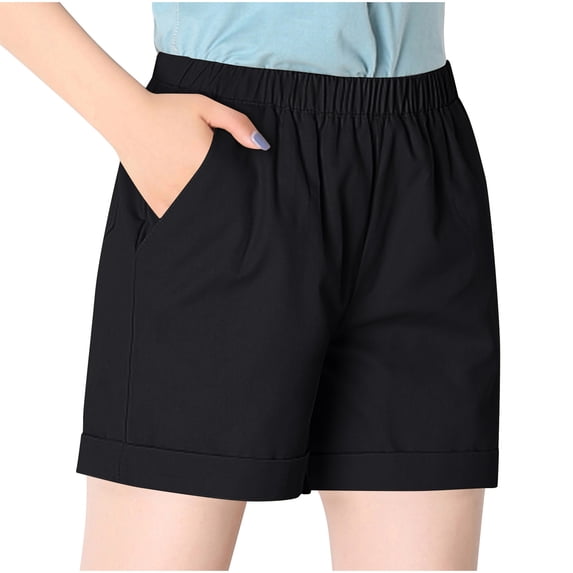 Zpanxa Workout Shorts Womens High Waisted Elastic Waistband Bermuda Shorts Solid Color Cotton Sports Gym Shorts with Pockets Black S