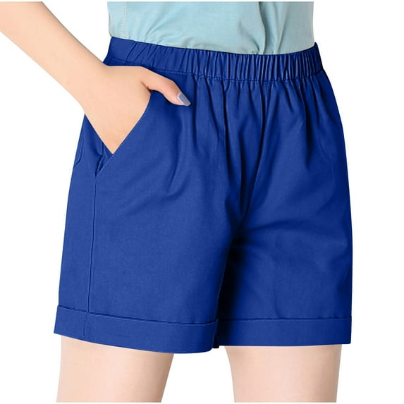 Zpanxa Workout Shorts Womens High Waisted Elastic Waistband Bermuda Shorts Solid Color Cotton Sports Gym Shorts with Pockets Blue L