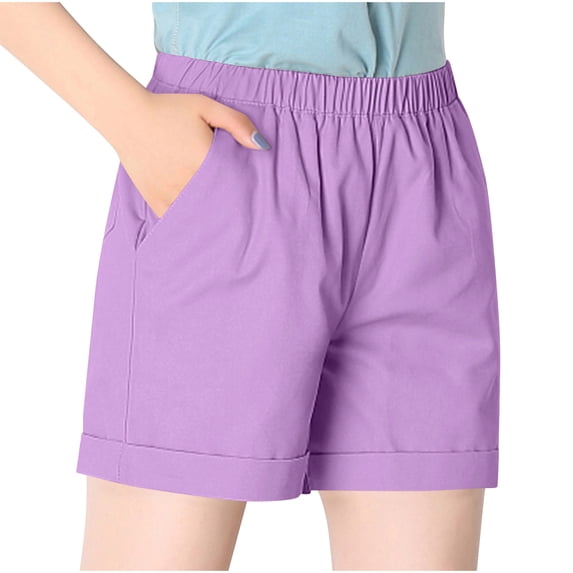 Zpanxa Workout Shorts Womens High Waisted Elastic Waistband Bermuda Shorts Solid Color Cotton Sports Gym Shorts with Pockets Purple 4XL